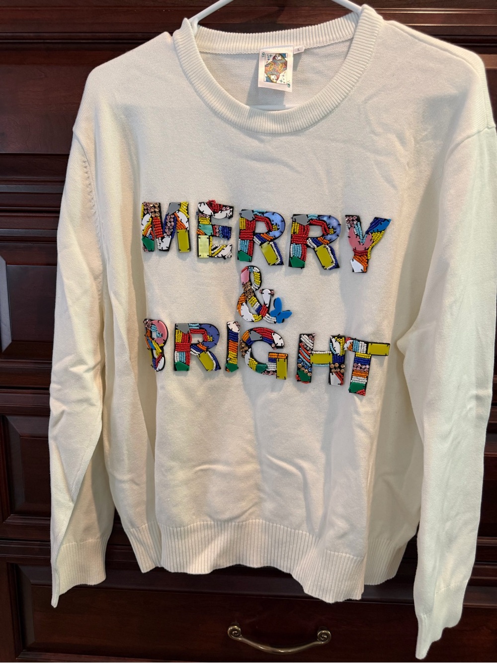 QUEEN OF SPARKLES Cream 'Merry & Bright' Appliqué Sweater